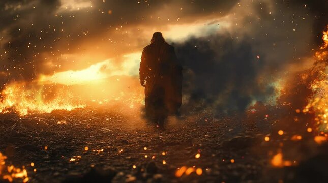 "A lone figure walks through a fiery and smoky landscape, undeterred by the chaos around, symbolizing strength, resilience, and determination in the face of destruction.