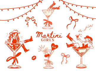 Set of hand drawn Cowgirls in martini drink glasses, Hand drawn hen party girls, Whimsical Bachelorette Girls  collection for T-shirts, invitations and web icons