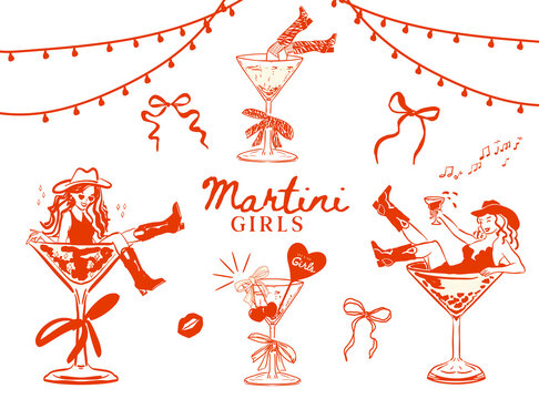 Set of hand drawn Cowgirls in martini drink glasses, Hand drawn hen party girls, Whimsical Bachelorette Girls  collection for T-shirts, invitations and web icons