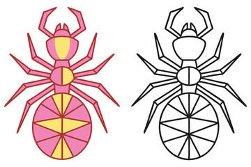 Pink Spider with Yellow Pattern Outline, Isolated on White Background