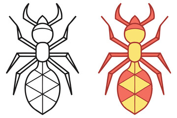Insect Outline and Colored Version, Modern Design on Transparent Background