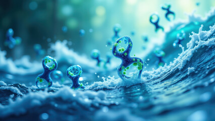 This is an artistic representation of Nicotinamide Adenine Dinucleotide (NAD+) supplement particles in water with a focus on their molecular structure.