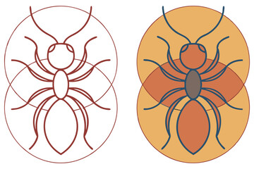 Two Outlined Ants in Circles, Brown and Blue Insect with Transparent Detail