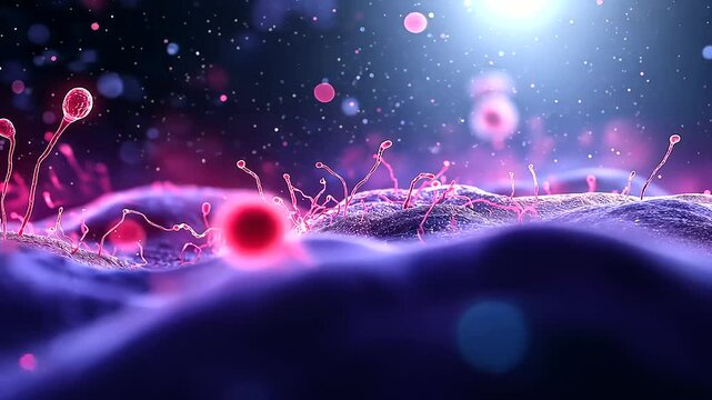 Detailed microbiological art of gut bacteria in their natural environment, showcasing their varied shapes, textures, and luminescent colors.