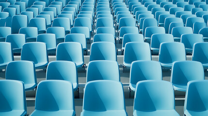 Obraz premium Empty Blue Stadium Seats Rows Sporting Event Venue, Concert Hall, Arena Seating Pattern, Audience Waiting