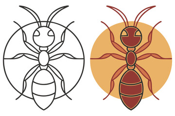 Two Ant Icons One Line Art Outline Style and One Filled Color with Brown Tones