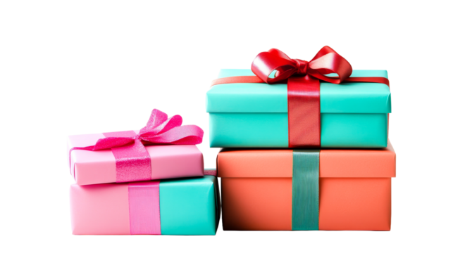 Stack of colorful gift boxes tied ribbons on black background, cut out transparent