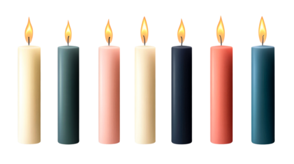 Burning candles in a row. Religious holiday. Decoration , cut out transparent