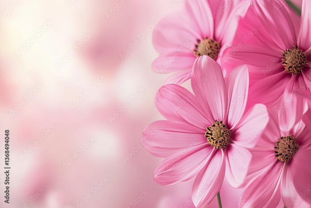 Poster pink cosmos flowers grouping with soft focus background in delicate light