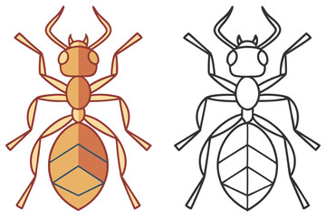 Two Cartoon Ant Illustrations One Colored Version, One in Black Lineart Style