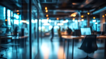 Blurred high-tech startup office with employees in the background