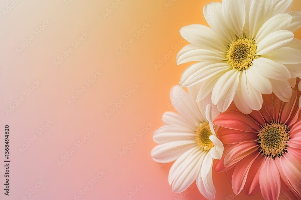 Aufkleber three daisies in bloom on a soft gradient background with copy space