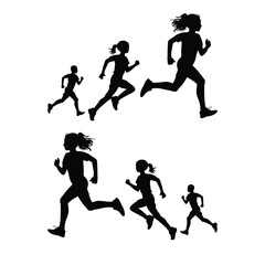 A collection of dynamic running silhouettes, varying in size, depict a family or group of people participating in a running event. Diverse Running Silhouettes, Representing Families and Teamwork.