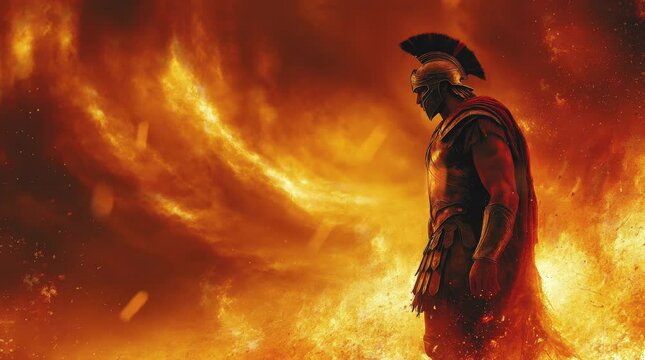 A lone warrior stands strong in a fiery, intense environment, embodying strength, courage, and resilience as flames swirl around him in a dramatic, battle-ready scene