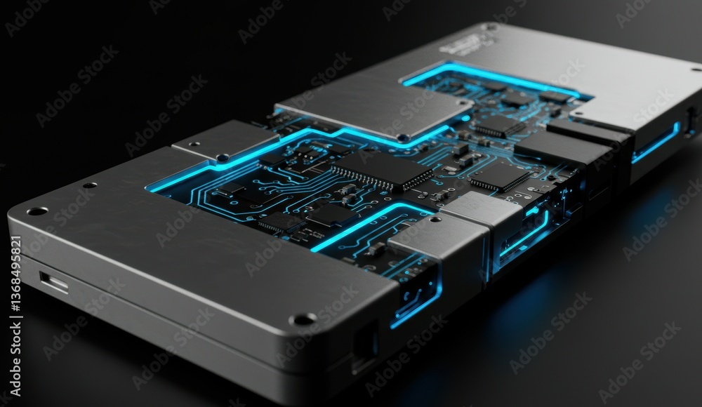 Poster close-up of black circuit board with microchips and blue leds showcasing advanced technology and inn