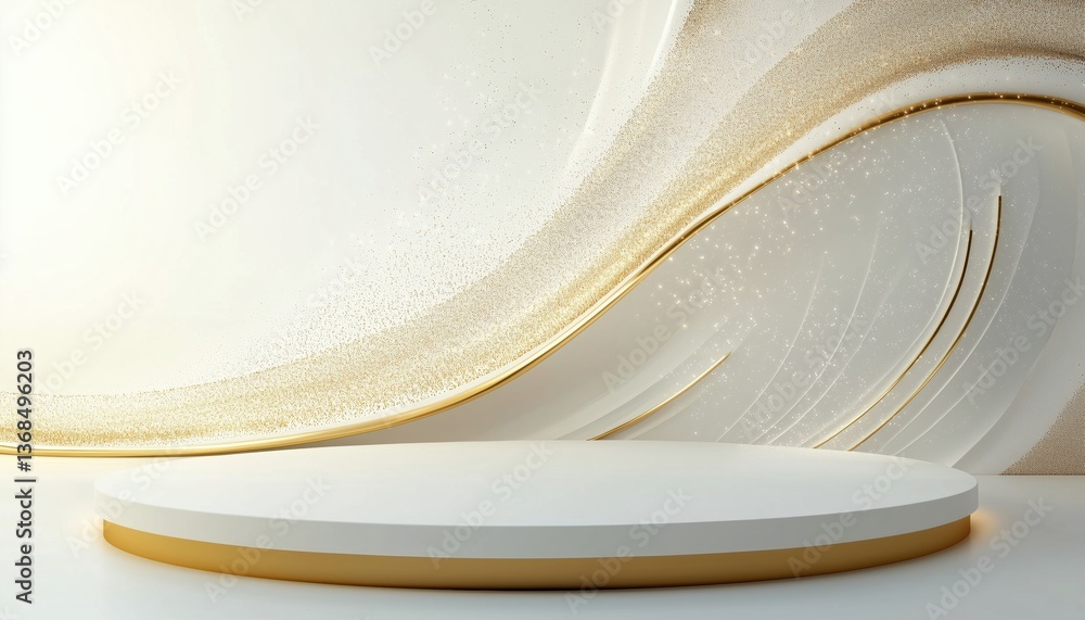 Poster white liquid element with golden curve decoration and glitter light effect on product display podium