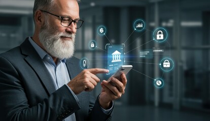 Caucasian senior man using smartphone in corporate environment for digital banking and financial security concepts.