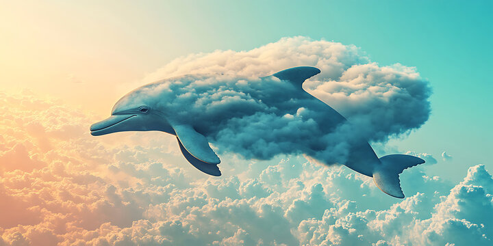 Fluffy Dolphin Made of Clouds Soaring Through a Twilight Sky Background for Ethereal Art, Dreamy Fantasy, or Skyborne Creatures