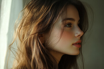 Naklejka premium Woman with long hair looking out a window, lost in thought.