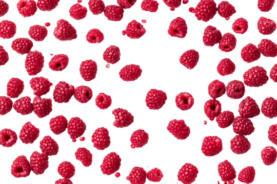 Fresh, juicy raspberries floating on black, vibrant, delicious, ripe, cut out transparent