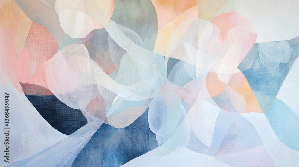 Poster striking painting with a blue and pink background in soft fluid abstraction featuring overlapping ge