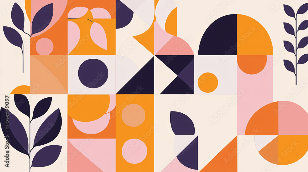 Poster striking pattern comprising various geometric shapes with a soft geometric abstraction layered with 