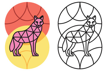 Geometric Wolf with Colorful Circles, Line Art Silhouette Outline