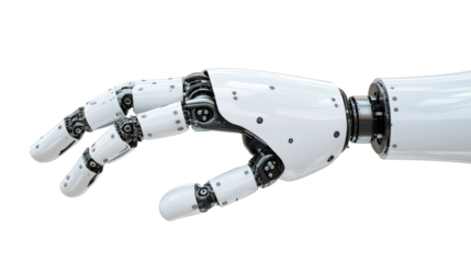 White robotic hand with intricate mechanical details, cut out transparent