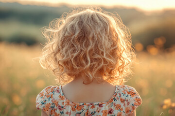 Little girl standing in field of tall grass, dressed in pink dress with white hat, looking up at sky, surrounded by colorful wildflowers.