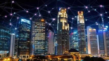 Obraz premium Night cityscape, network connections, global data
