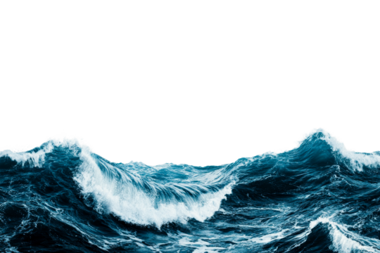 Turbulent teal sea waves crash forcefully against black background, cut out transparent