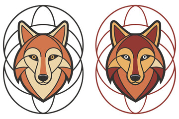 Two Flat Fox Head Icon with Geometric Circle, Symmetry Design