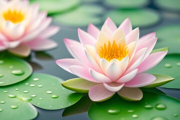 Serene pink water lilies blooming peacefully on a tranquil pond with glistening dew drops on vibrant green lily pads.