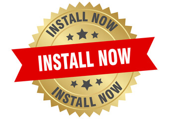 install now. install now round red and gold label isolated on transparent background