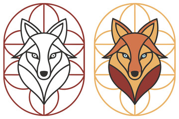 Twin Fox Heads Minimalist Art with Geometric Circle Elements on White Background
