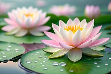 Serene pink water lilies blooming peacefully on a tranquil pond, adorned with morning dew drops and soft, natural light.