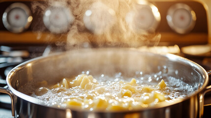 Steam rises from a pot of pasta boiling on a kitchen stove under warm lighting.