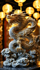 Obraz premium China National day product display podium background, Dragon’s Triumph, stone and gold, intricate dragon, golden dragon, clouds, glowing Chinese lantern, representing strength, prosperity, unity, ad