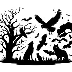 Wolves howling at the moon, owls on tree branches, and bats flying in the night.