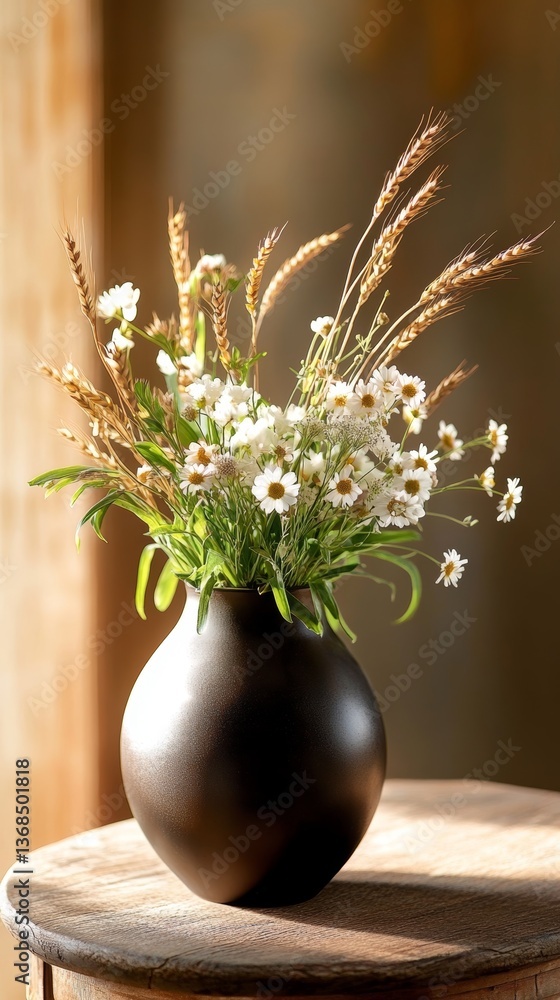 Poster Charming vase filled with fresh wildflowers and wheat creating a warm and inviting atmosphere in a rustic setting