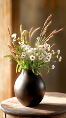 Charming vase filled with fresh wildflowers and wheat creating a warm and inviting atmosphere in a rustic setting