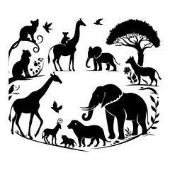 Vector set of animal silhouettes including horse, elephant, giraffe, deer, dog, tiger, bear, cat, cow, camel, and more, representing wildlife, safari, and farm animals