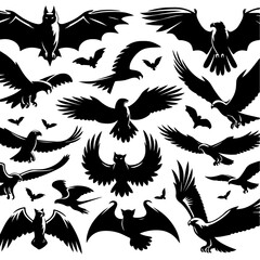 Bats, eagles, falcons, and hawks in mid-flight silhouettes