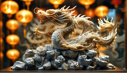 Obraz premium China National day product display podium background, Dragon’s Triumph, stone and gold, intricate dragon, golden dragon, clouds, glowing Chinese lantern, representing strength, prosperity, unity, ad