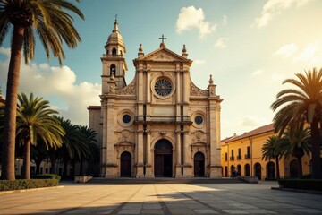 Fototapeta premium A Majestic European-Style Church Stands in a Sun-Drenched Plaza, Flanked by Palm Trees and Low Buildings Under a Partly Cloudy Sky