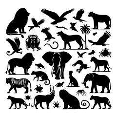 A collection of jungle animals like lions, tigers, elephants, and monkeys in silhouette style.