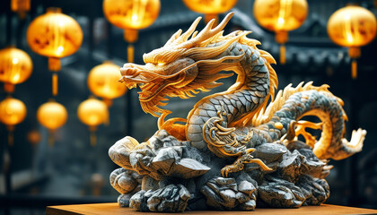 Fototapeta premium China National day product display podium background, Dragon’s Triumph, stone and gold, intricate dragon, golden dragon, clouds, glowing Chinese lantern, representing strength, prosperity, unity, ad