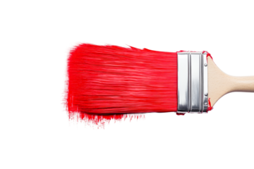 Red paintbrush with paint, brushstrokes and wood handle, cut out transparent