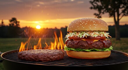Sunset Grill: Juicy BBQ Burger on Flaming Grill, Warm Golden Hour