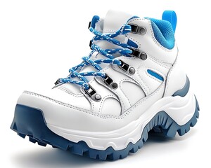 White Hiking Boot with Blue Accents.